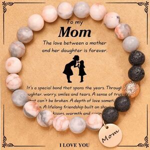 Pink Zebra Jasper Lava Beaded Stone Stretch Bracelet Mom Charm Pendant Gift Card
